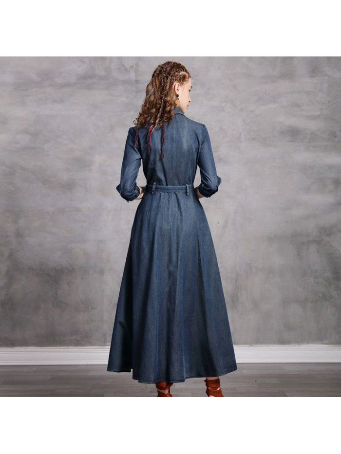Vintage embroidery lapel belt temperament denim skirt mid length slimming autumn dress 
