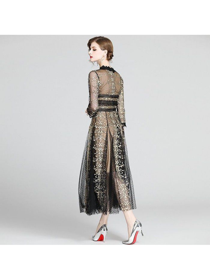 Early Autumn Women's Elegant and Elegant Style, Celebrity Shows Slim V-neck, 9/4 Sleeve Large Swing Long Dress Dress Dress 