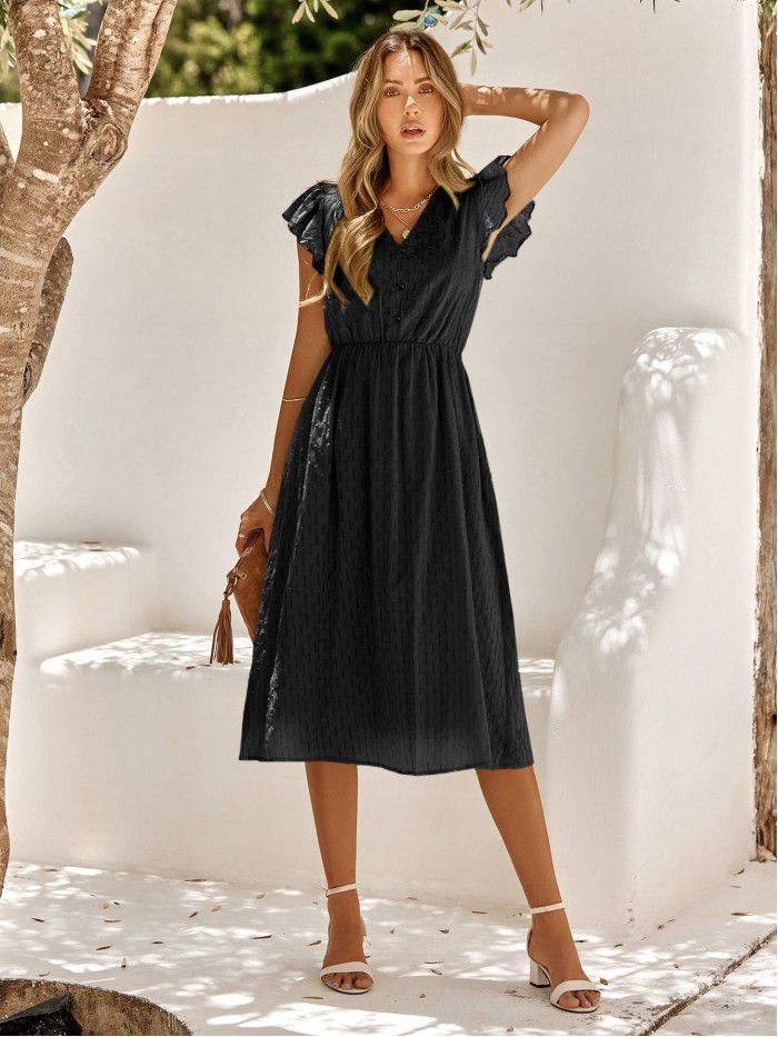 Summer New Casual Women's Wear European and American Solid V-Neck Waist Wrapped Fresh Style Dress for Women 