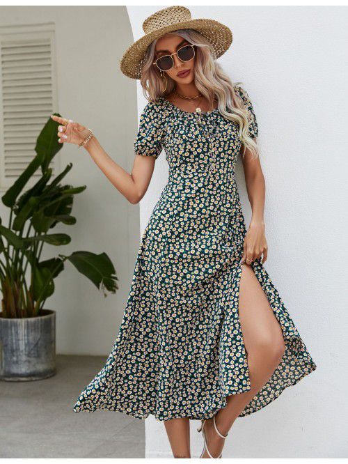 Women's square neck bubble sleeved French tea brea...