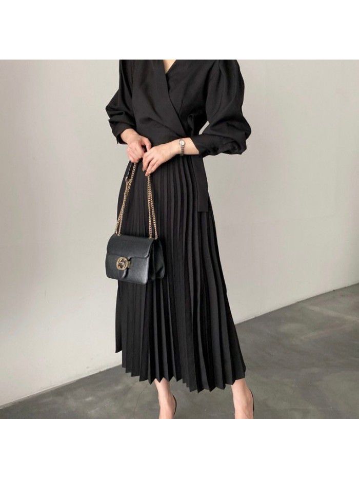 New lapel side bow tie waist show thin bubble sleeve pleated dress 