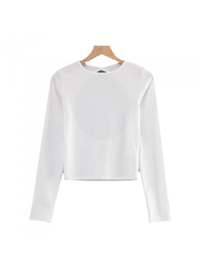 Long sleeve T-shirt sexy water drop large open back fashion women's autumn and winter solid color round neck short slim top 