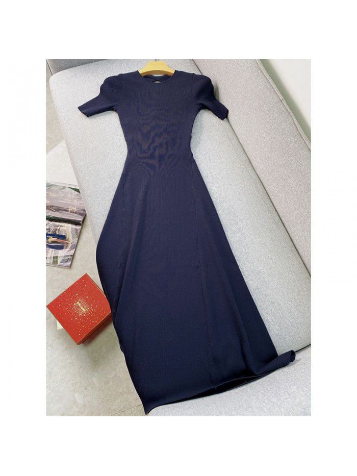Spring/Summer New Open Back Mid length Knitted Dress Round Neck A-line Waist Waist Large Swing Long Dress 