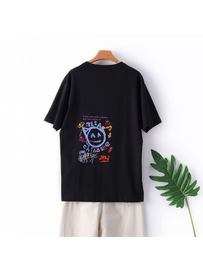 Summer New Print Parent-child Short Sleeve T-shirt Casual Women's Fashion Loose Round Neck Mercerized Cotton Bottom Top 