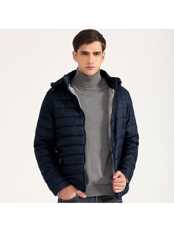 Light and thin solid color casual cotton jacket, men's short hooded cotton jacket, men's jacket