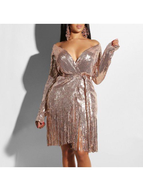 Deep V-neck sparkling sequin lace up long sleeved ...