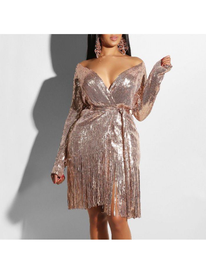 Deep V-neck sparkling sequin lace up long sleeved sexy split tassel dress 