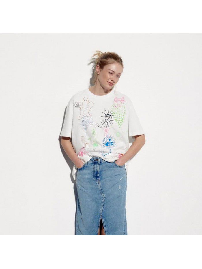 Summer Women's European and American Style Loose Colored Graffiti Print White Short Sleeve T-shirt Women 