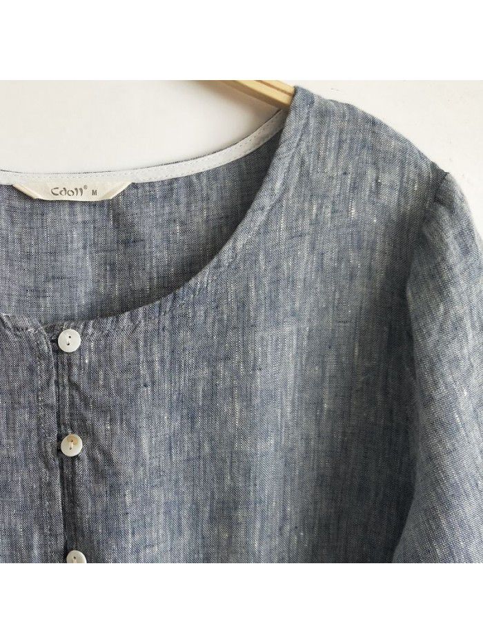Pure linen medium sleeved medium length large swing dress 
