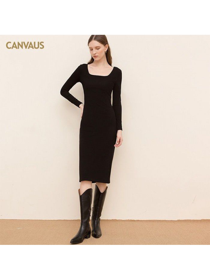 Square neck cotton medium length dress for women, solid color, long sleeved, slim fitting, split waist, pencil skirt for women 