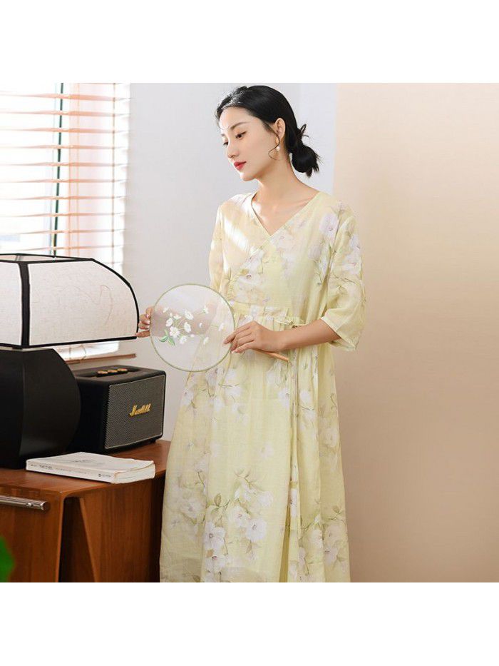 Cotton and linen women's clothing=new summer ramie printed dress for women with a slim V-neck and a retro Chinese long skirt 