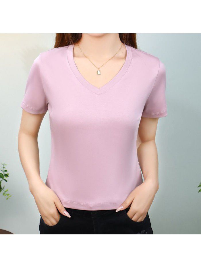 T-shirt Women's Short Cotton High Waist Summer Loose Simple Round Neck Korean Versatile Solid Color T-shirt 