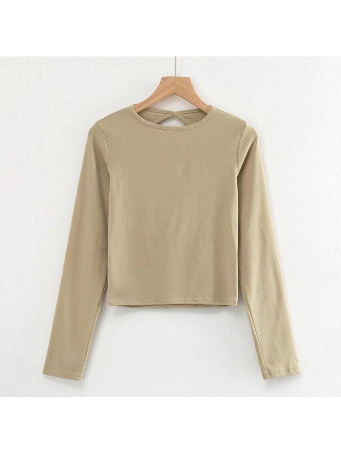 Long sleeve T-shirt sexy water drop large open back fashion women's autumn and winter solid color round neck short slim top 