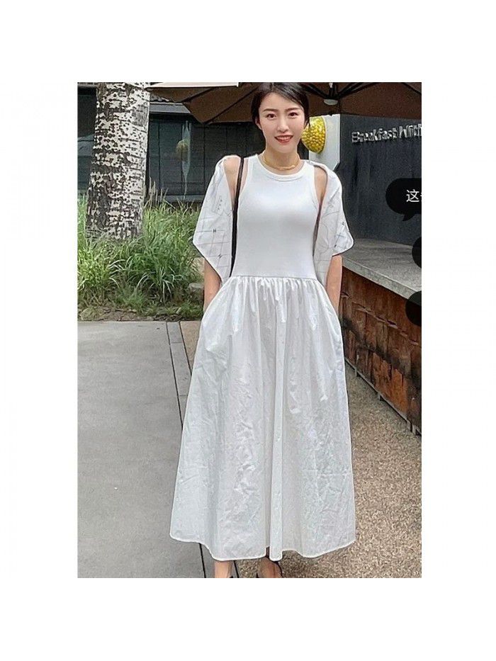 Spring/Summer New Two Color Casual Edition Solid Round Neck Needle Shuttle Panel Tank Top Long Dress 