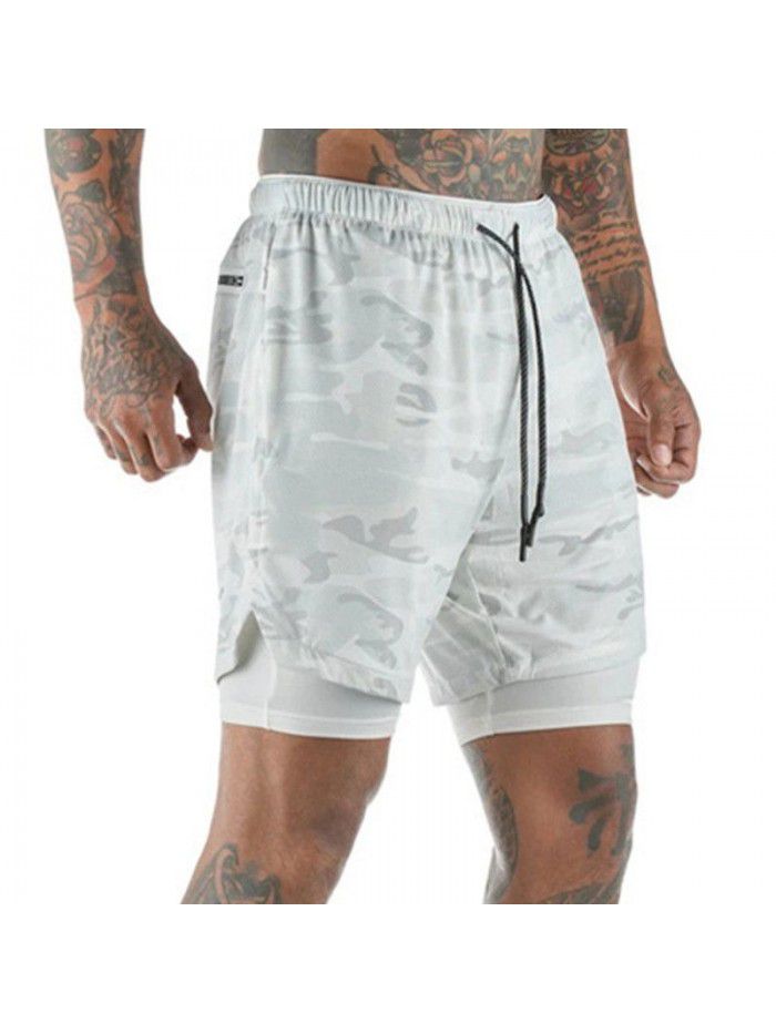 Men's double layer shorts, solid mesh sports and fitness training pants, five point casual pants, men's pants 