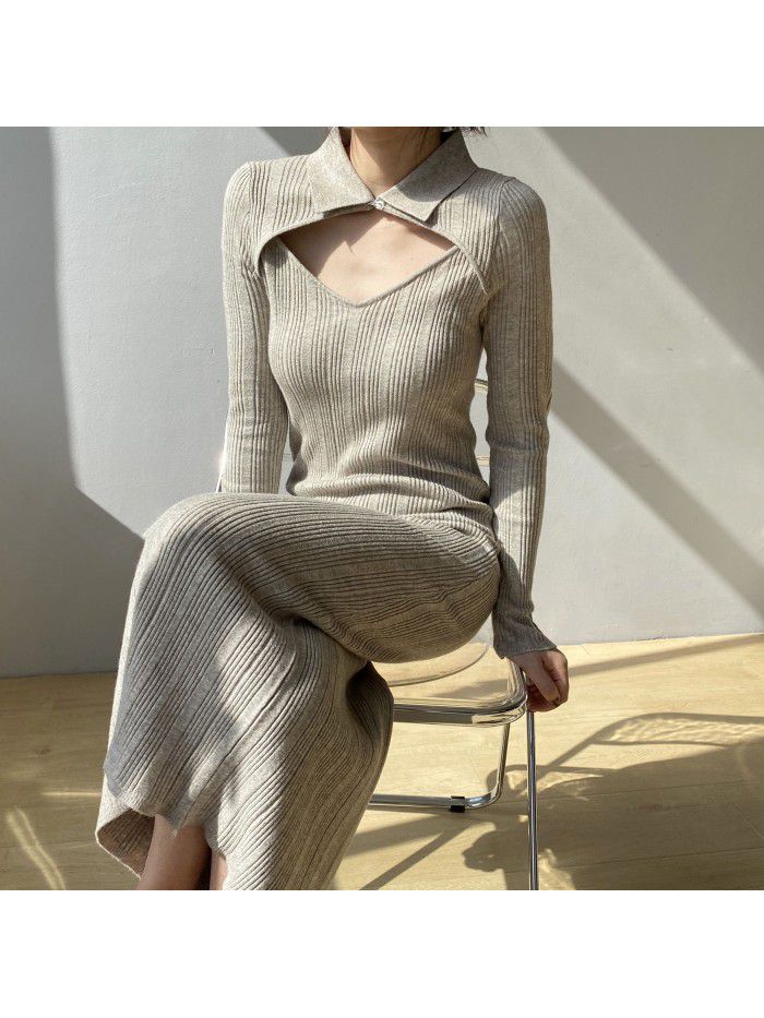 Slim Fake Two Piece Dress Women's Winter Celebrity Ladies Long Dress Temperament Slim Fit Skirt 