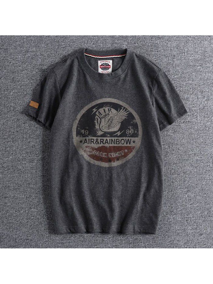 New Washed Brushed Skeleton Head Printing Foreign Trade Retro Round Neck Short Sleeve T-shirt Men's Half Sleeve T 
