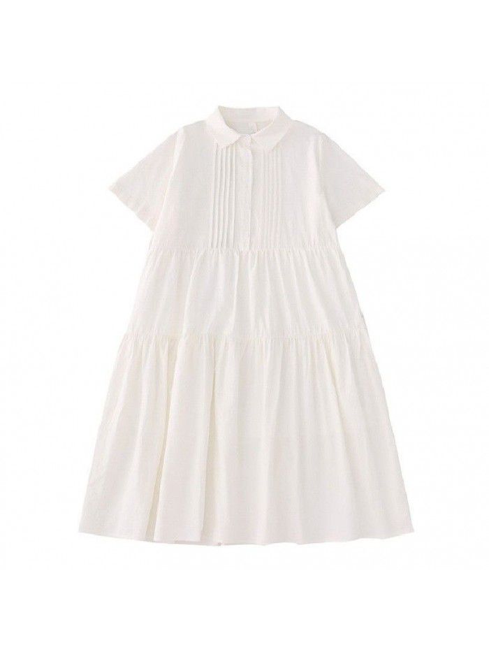 Japanese gentle temperament lapel organ pleated white loose mid length shirt skirt dress 