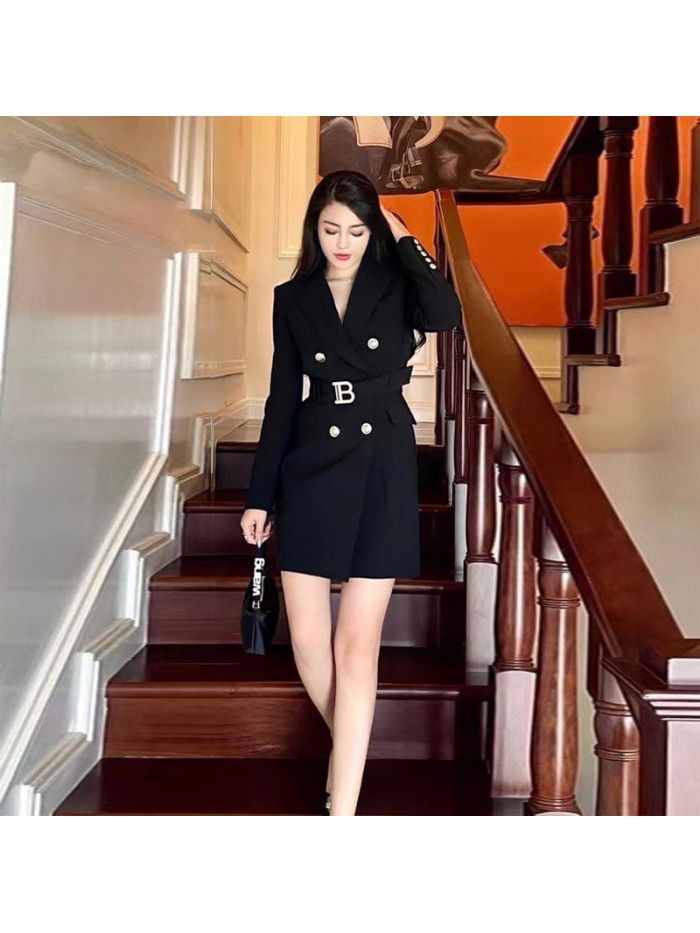 Spring and Autumn New Fashion High grade Solid Color Belt Long Sleeve Slim Fit Temperament Commuter Suit Dress Women 