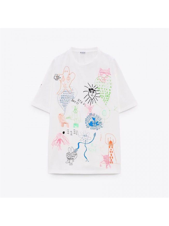 Summer Women's European and American Style Loose Colored Graffiti Print White Short Sleeve T-shirt Women 