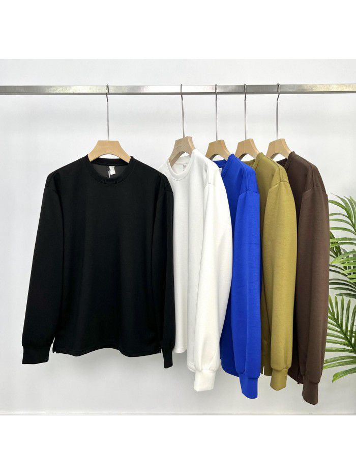 Autumn Simple Solid Color Premium Long Sleeve Fixed Dye Air Layer Special Fabric Men's Backing Versatile Loose T-shirt 