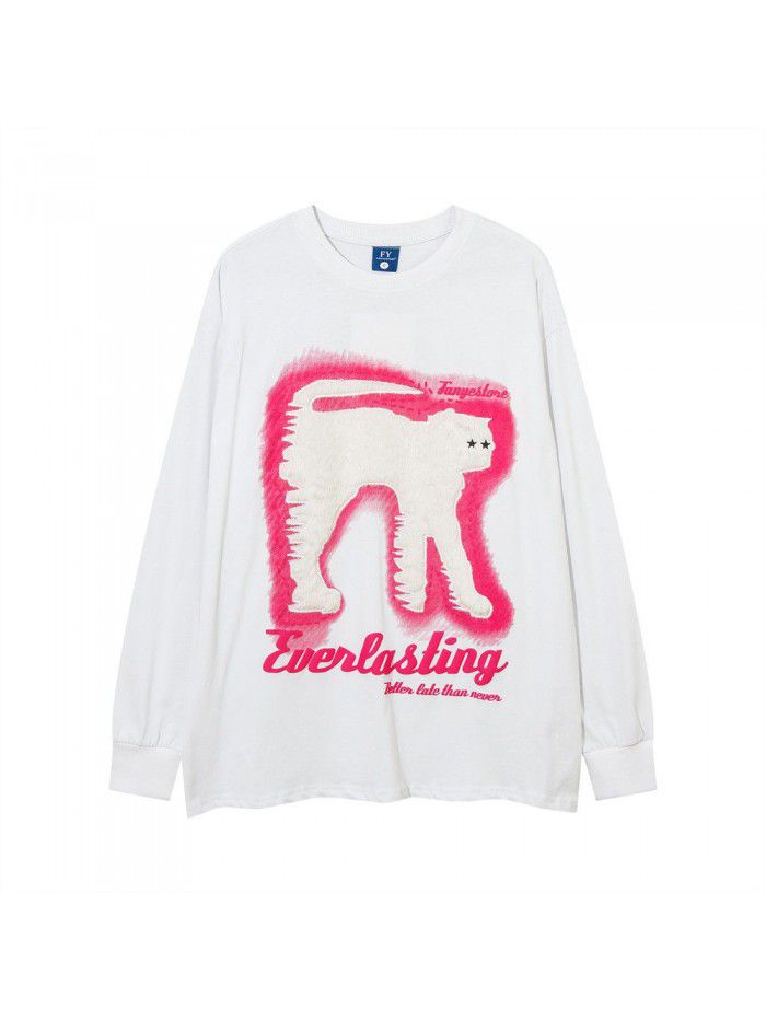 Funny Fried Cat Long Sleeve T-shirt Boy Cartoon Flocking Patch Embroidery Pure Cotton Loose T-shirt Top Street 