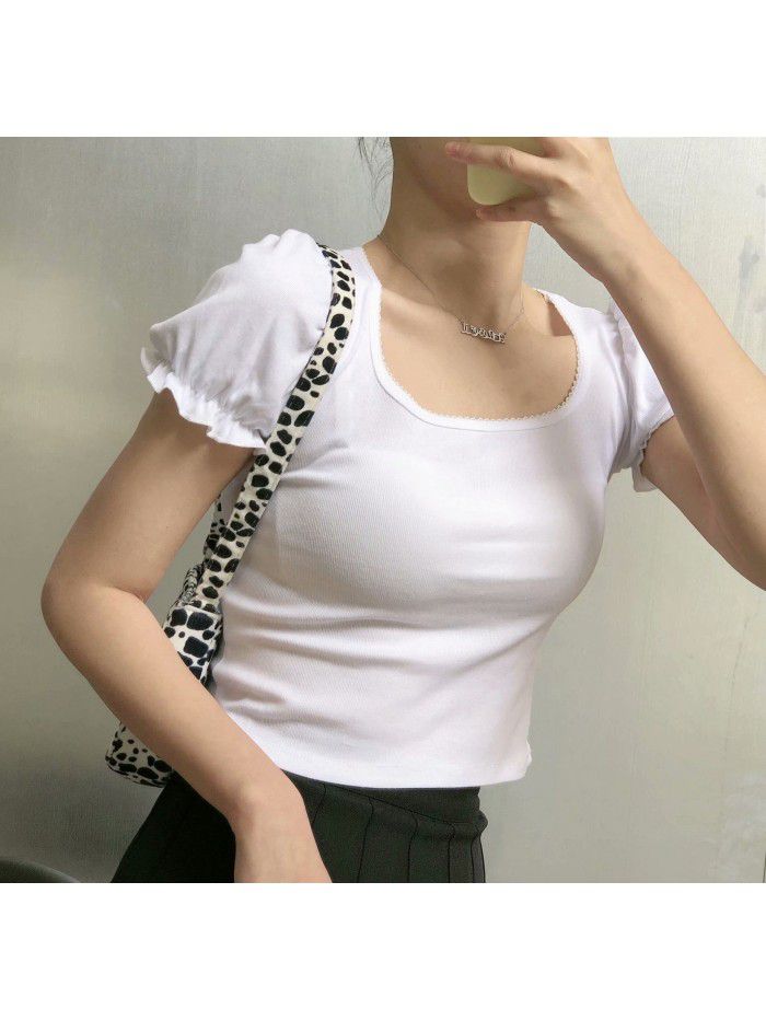 Small crowd design auricle edge bubble sleeve square collar exposed collarbone short sleeve T-shirt female 