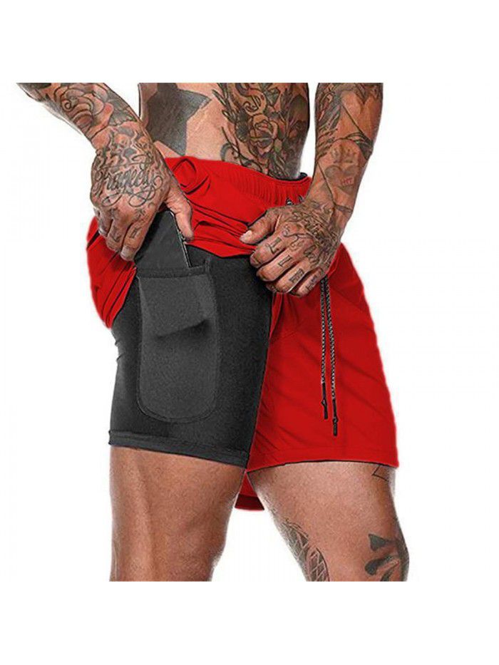 Men's double layer shorts, solid mesh sports and fitness training pants, five point casual pants, men's pants 