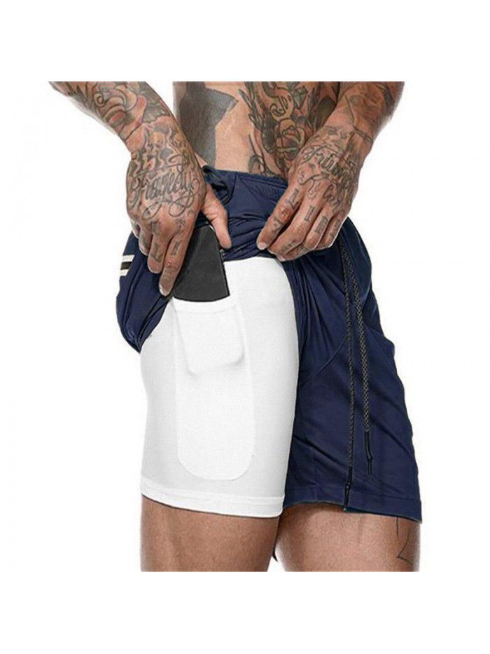 Men's double layer shorts, solid mesh sports and fitness training pants, five point casual pants, men's pants 