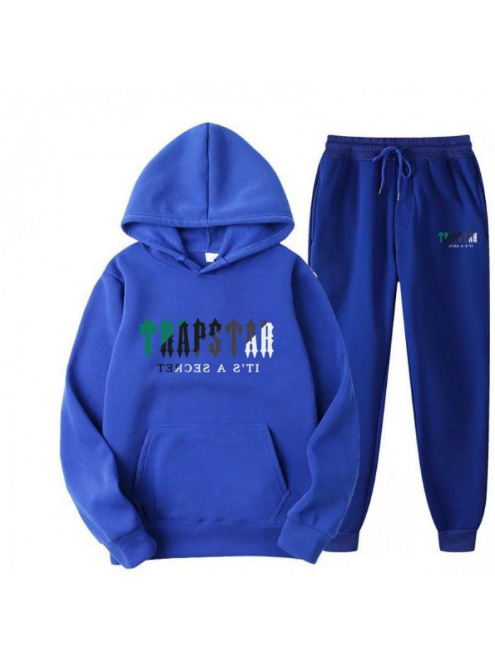 New men's hoodie set for spring, autumn, and winter, plush sweater, casual sports two-piece set 