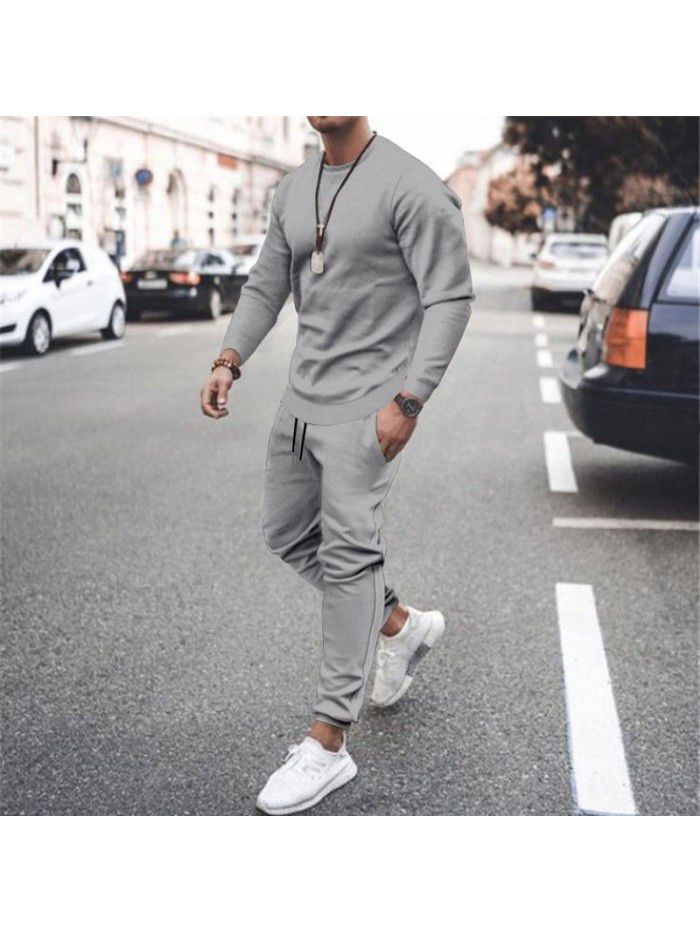 Long sleeved casual suit for men's solid color trend sports suit for men 