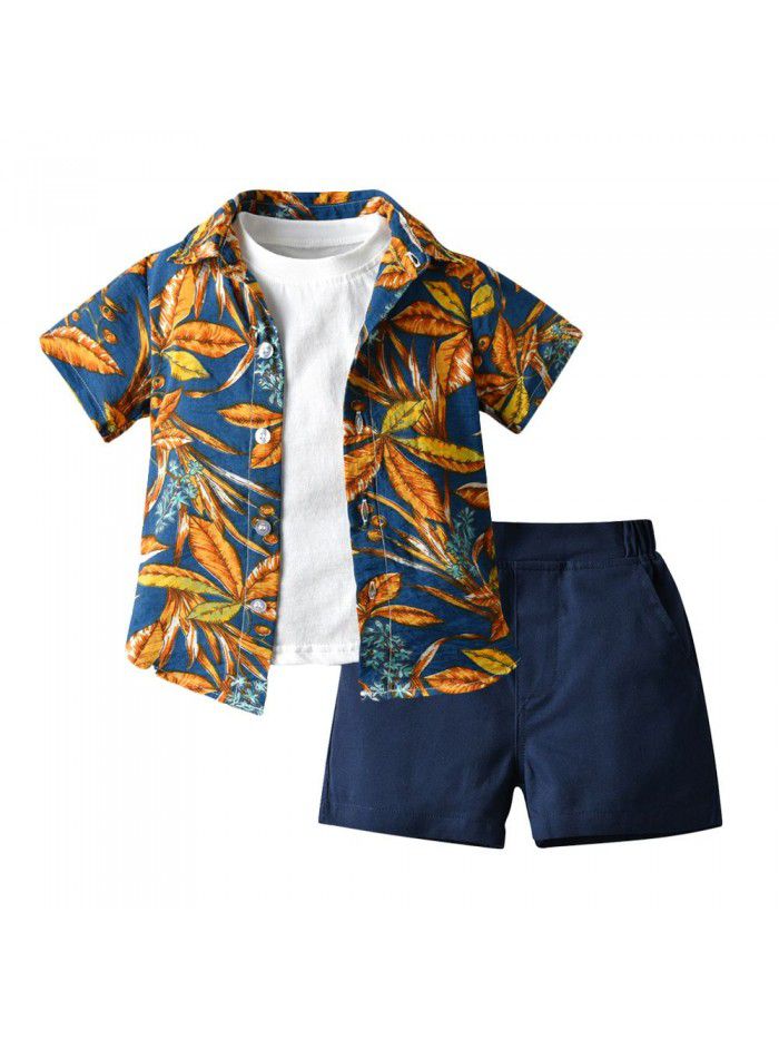 Children's Hawaii Set Boys' Fashion Flower Shirt Coat Short Sleeve T-shirt Shorts Three Piece Set 