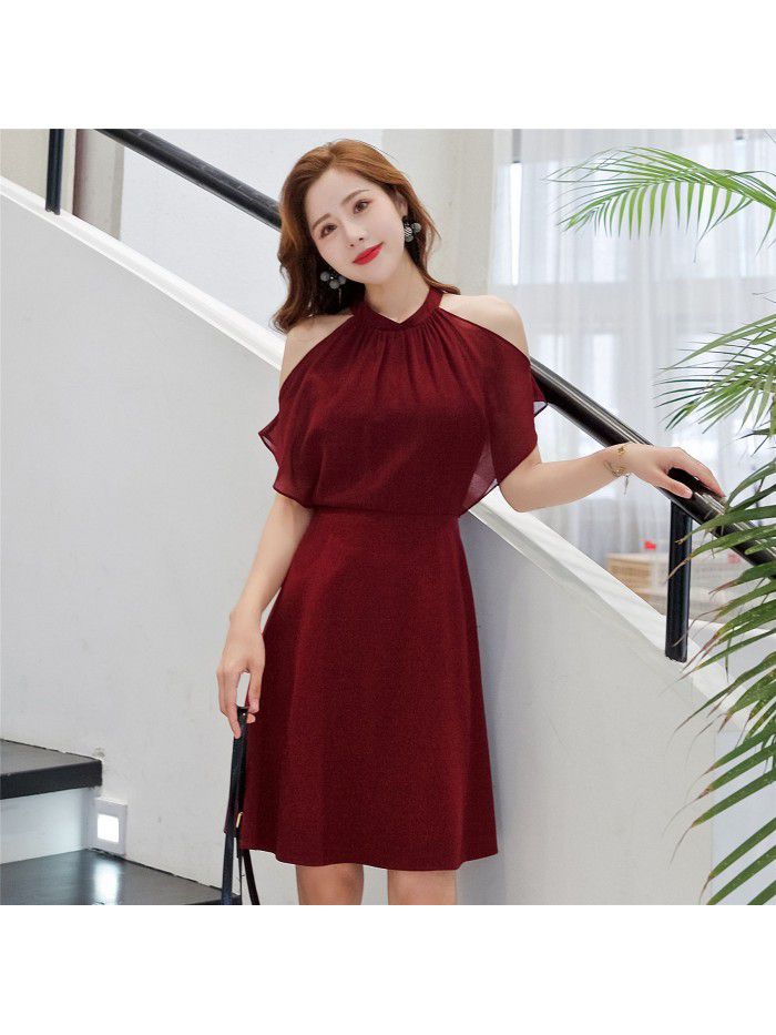 French Elegant Little Black Dress Small Sexy Ruffle Shawl Slim Fit Black Hanging Neck Dress 