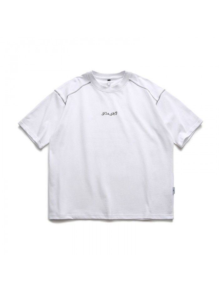 Summer New Solid Back Print Round Neck Short Sleeve Japanese Fashion High Street Loose T-shirt Men 