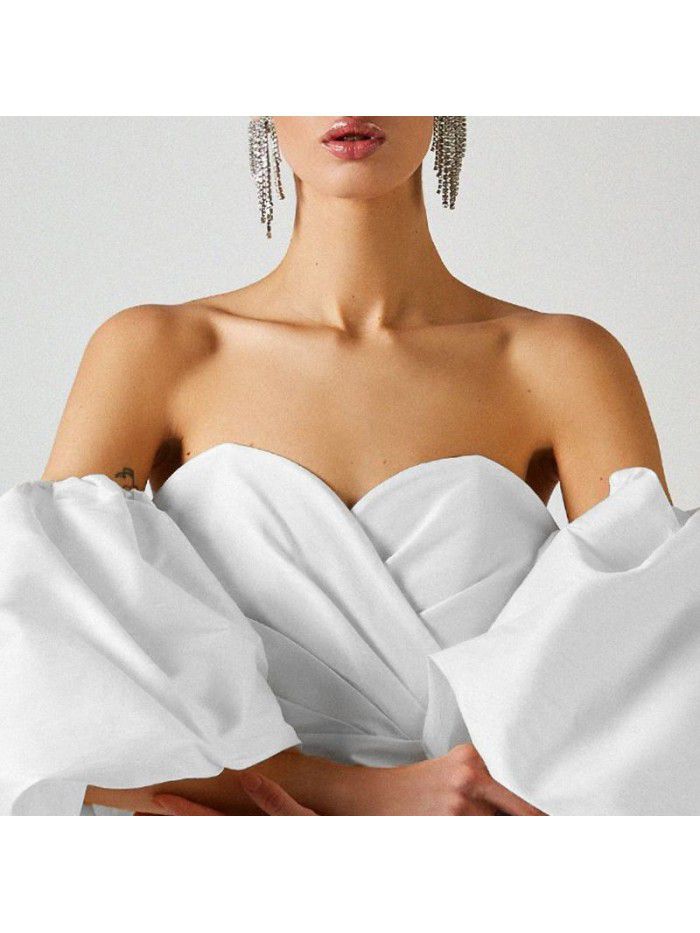 Autumn Women's Solid Color Wrapped Chest High Waist Lantern Sleeve Mid length Dress Dress  Autumn Women's Solid Color Wrapped Chest High Waist Lantern Sleeve Mid length Dress Dress
