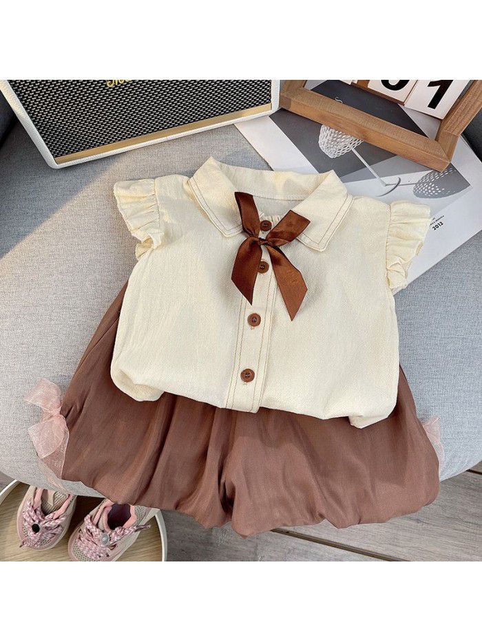 Girls' Set Summer New Short Sleeve Children's Wear Bow Top Fashionable Shirt Children's Princess Shorts 