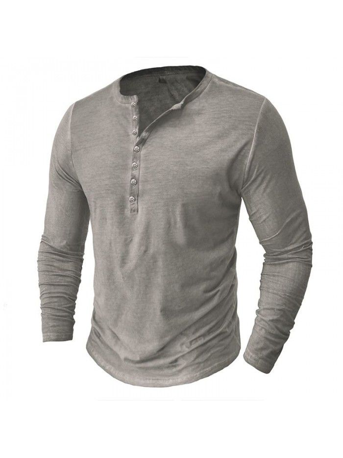 Men's imitation old Henry shirt retro long sleeved T-shirt cross-border men's button washed old V-neck T-shirt top 