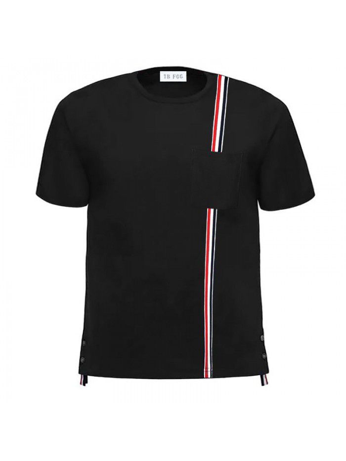 Pocket Red, White, Blue Ribbon Stripe Pure Cotton Summer Short Sleeve T-shirt Casual Fashion Male Couple 