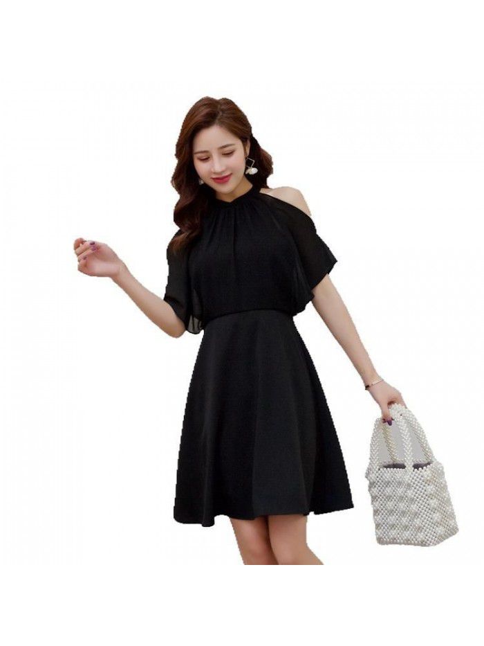 French Elegant Little Black Dress Small Sexy Ruffle Shawl Slim Fit Black Hanging Neck Dress 