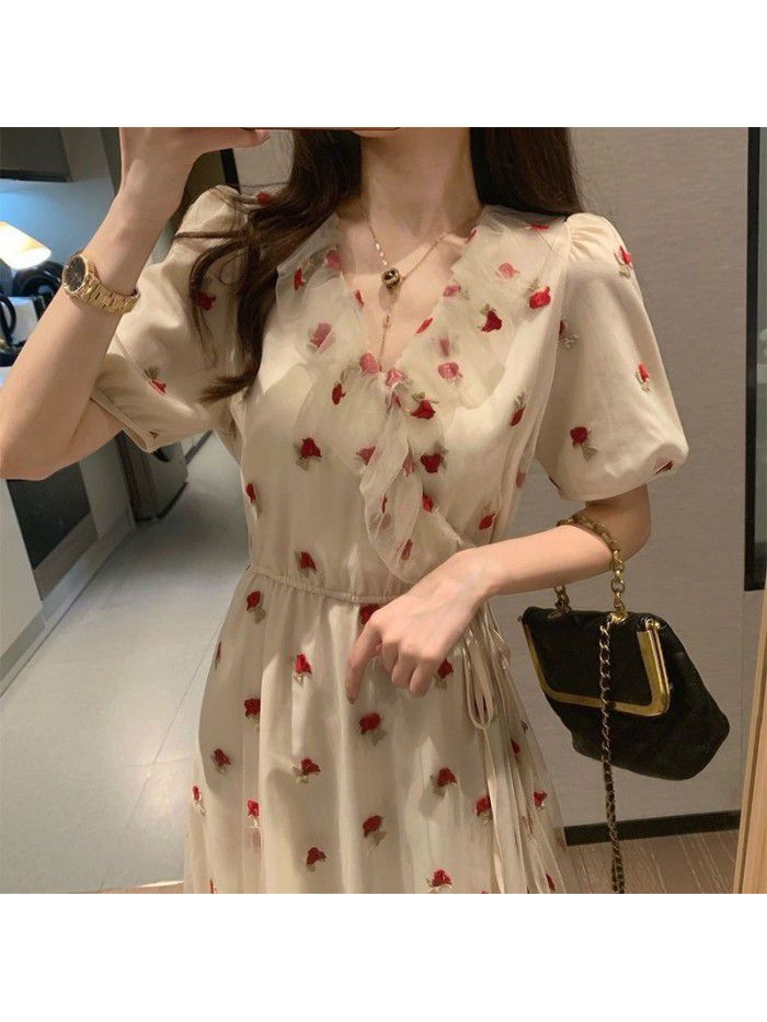 French Tea Break Girl Little Flower Dress V-neck Bubble Sleeve Mesh Dress Children's Summer New Style 
