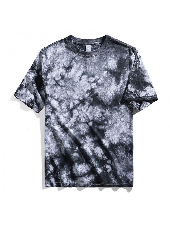 Men's tie dyed t-shirt, shoulder length, pure cotton loose short sleeved men's heavy duty t-shirt, round neck, trendy brand top