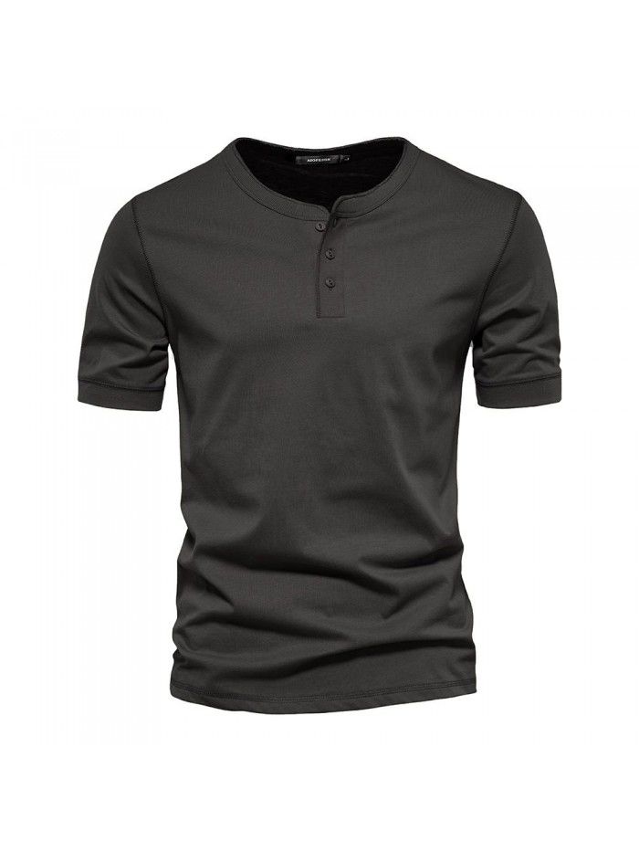Clothes Men's T Henry Round Neck Short Sleeve T-shirt Heavyweight Men's Slim Fit Solid Color Sports Bottom Shirt 