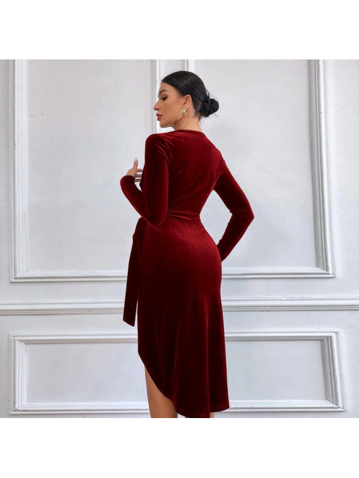 Sexy long dress with V-neck and buttocks, irregular mid length dress, cocktail dress, female 