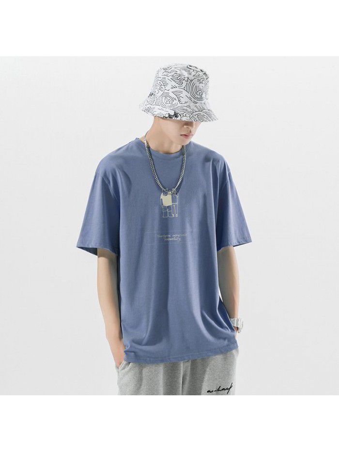 Cotton short sleeved T-shirt for men's summer new trend ins printed T-shirt for couples loose fitting casual versatile top 
