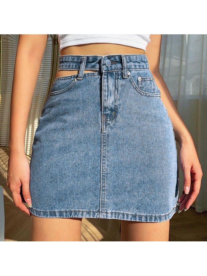 New Unilateral Hollow out Denim Skirt High Waist Slim Casual Wrapped Hip Denim Skirt Short Skirt for Women 