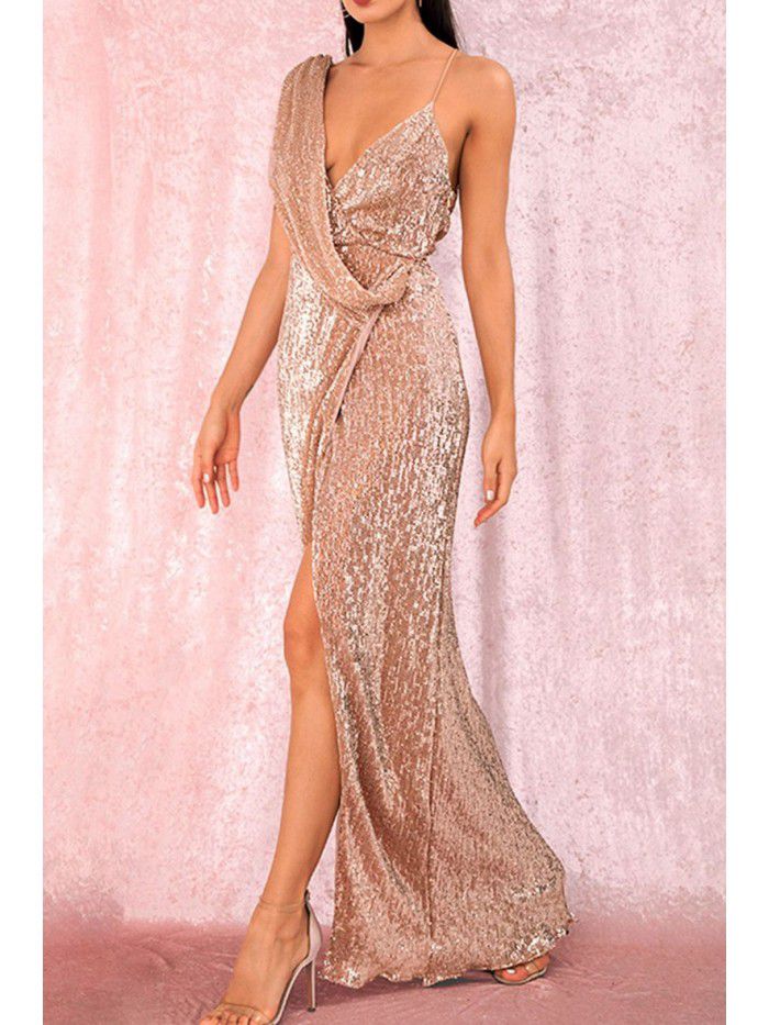 New Spring/Summer Banquet Design Sense One Shoulder Sequin Gold Heavy Industry Evening Dress Women's Fishtail Dress 