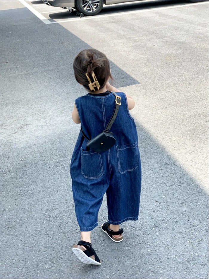 Children's Bodysuit Strap Pants Spring/Summer Boys' and Girls' Korean Version Fashion Loose Workwear Sleeveless Denim Bodysuit 
