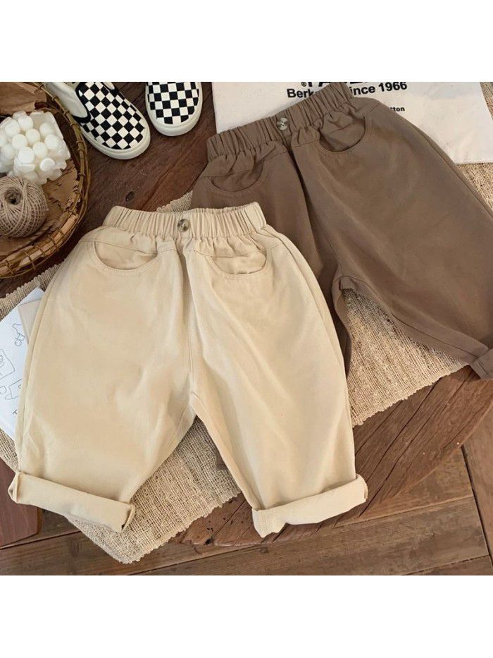 Boys' Japanese Spring and Autumn New Children's Cotton Pants for Children's Pants, Girls' Casual Pants, Solid Color, Fashionable 