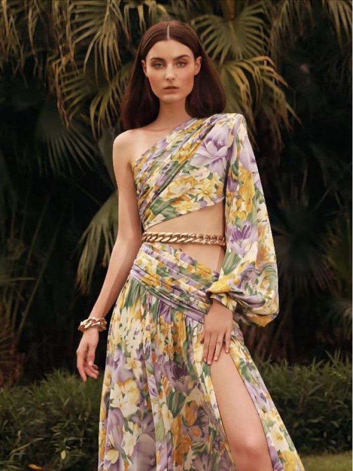 Summer New Women's Sexy Oblique Shoulder One Shoulder Long Sleeve Fragmented Flower Dress Long Dress High end Big Swing Fragmented Flower Dress 