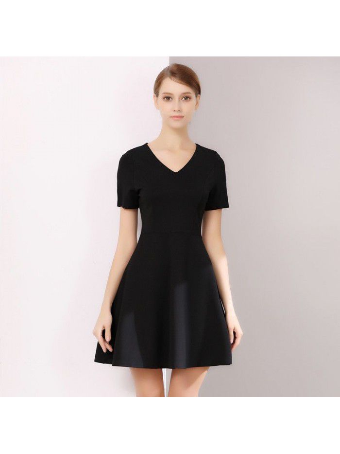 Professional Little Black Dress Autumn Dress New Elegant Slim Fit V-neck 7/4 Sleeve A-line Bottom Dress Work Uniform 